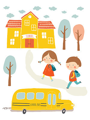 Happy first day of school card design. Kids going to school. Cute boy and girl with school building and school bus. Cartoon vector clip art eps 10 illustration on white background. Hand lettering.