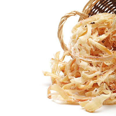 Dried shredded cuttlefish on white background
