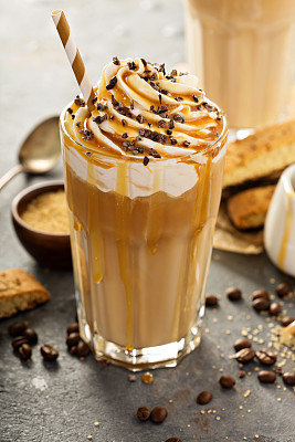 Iced caramel latte coffee in a tall glass