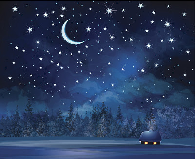 Vector night scene with house on starry sky background.