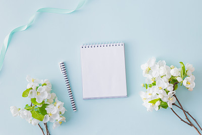 Mockup white notebook with spring white flowers on a blue background