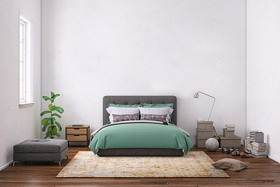 Modern bedroom interior with blank wall for copy space