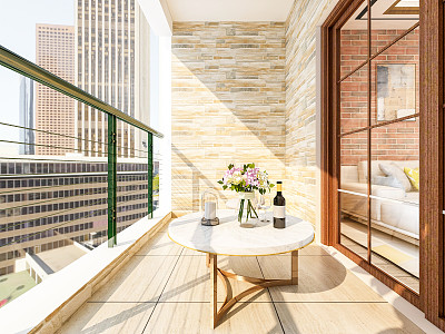 Balcony design of modern urban residential buildings, with high-rise buildings outside, sunlight shining into the balcony