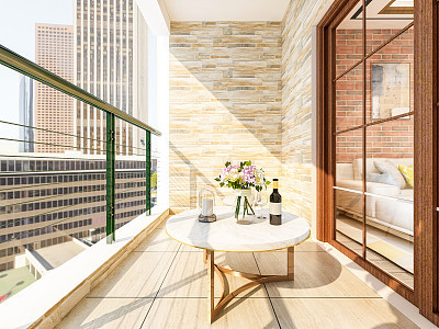 Balcony design of modern urban residential buildings, with high-rise buildings outside, sunlight shining into the balcony