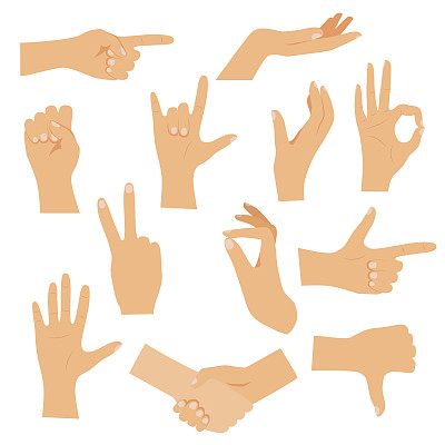 Hands in various gestures. Flat design modern vector illustration concept.