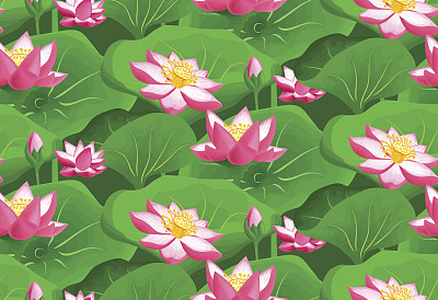Lotus seamless pattern with flowers on green background.