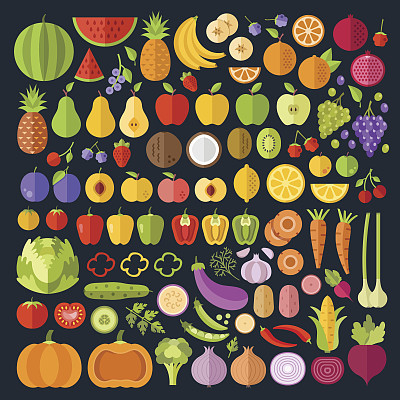 Fruits and vegetables icons set. Modern flat design graphic art for web banners, websites, infographics. Whole and sliced vegetables and fruit icons. Vector illustration
