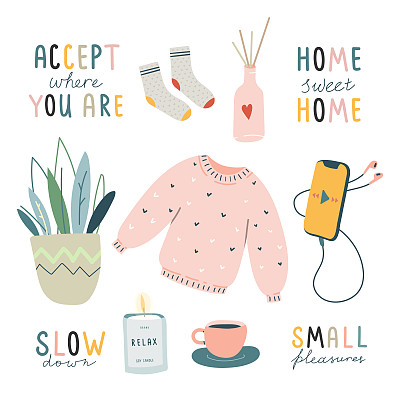 hygge lifestyle hand drawn set idea of