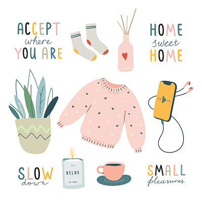 hygge lifestyle hand drawn set idea of