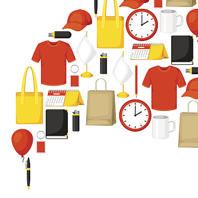 Advertising background with promotional gifts and souvenirs