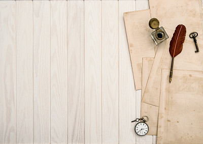 Vintage office supplies on wooden table