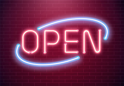 Bar open light Neon Sign. Night store red glowing letters . Open 24 hours sign