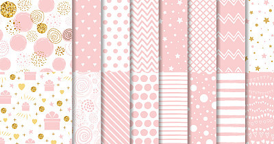 Set of sweet pink seamless pattern Pink dotted background collection Baby girl geometric ornamental template vector