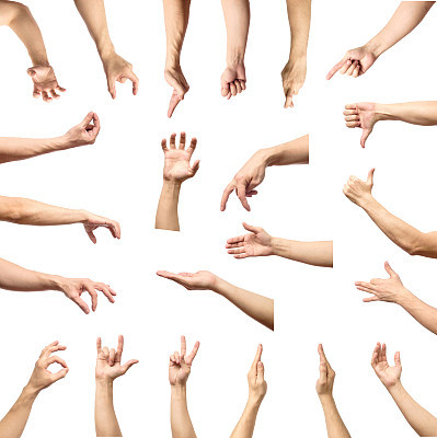 Male hand gesture and sign collection isolated over white background, set of multiple pictures