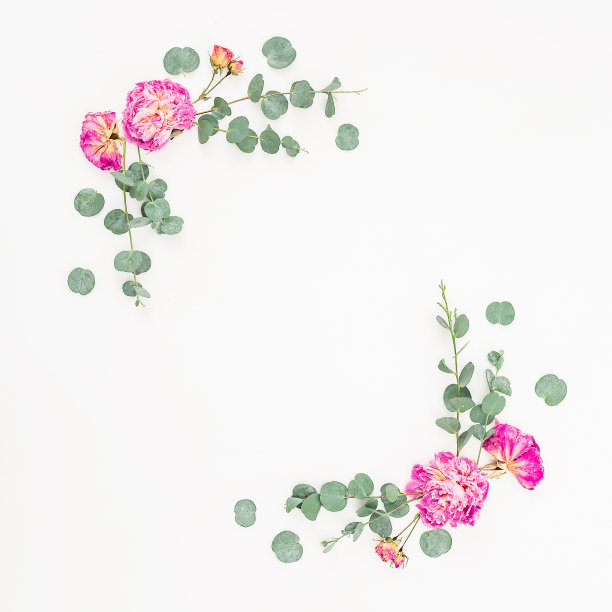Flowers composition of dry flowers. Floral frame with pink roses and eucalyptus branches. Flat lay, top view.