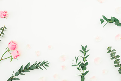 Floral frame of pink roses and eucalyptus branches on white background. Flat lay, top view