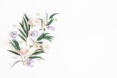 Flowers composition. Purple flowers and eucalyptus leaves on white background. Flat lay, top view, copy space