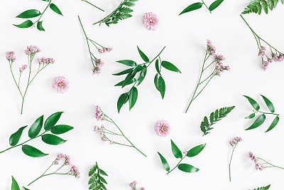 Flowers composition. Pattern made of pink flowers on white background. Flat lay, top view
