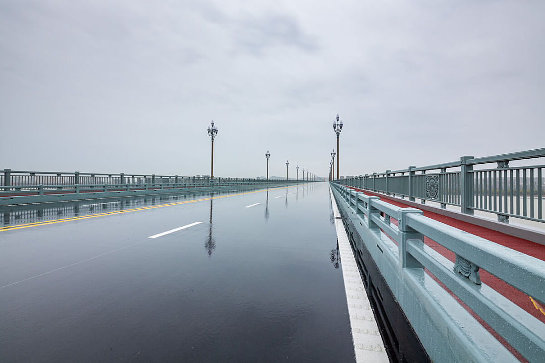 路面雨水倒映出长江大桥两边路灯