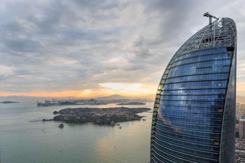 厦门,双峰塔,都市风光,海峡,建筑外部,天空,水平画幅,高视角,云,夜晚预览效果