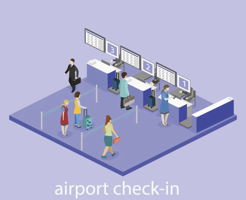 矢量 平坦的 三维图形 室内 自助值机柜台 入学注册 等角投影 机场 剪贴画 商用机图片素材下载 稿定素材