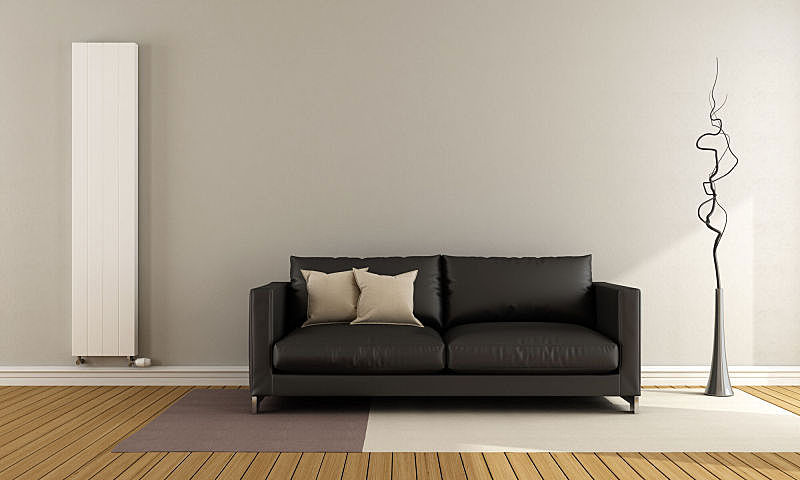 起居室,极简构图,散热器,沙发,褐色,水平画幅,墙,无人,硬木地板,地毯