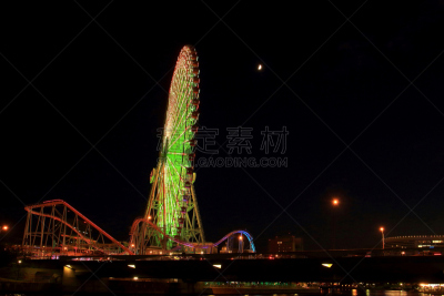 摩天轮,巨大的,天空,城镇景观,水平画幅,夜晚,无人,日本,娱乐建筑,霓虹灯