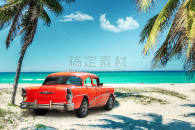 海滩,汽车,过时的,古巴,美国,瓦拉德罗,古董车,老爷车,加勒比海,加勒比海地区