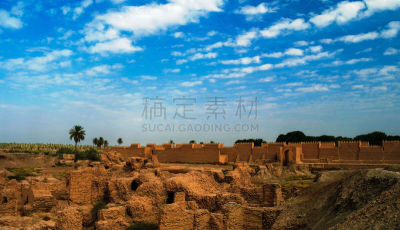 伊拉克,全景,巴比伦,天空,水平画幅,墙,砖墙,大门,棕榈树,考古学
