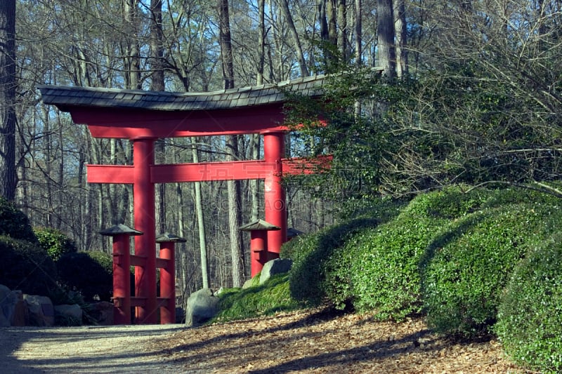 星和园,鸟居,自然,宁静,水平画幅,绿色,日本,大门,日本人,红色