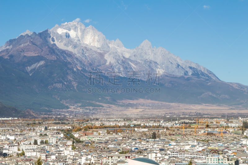 丽江,屋顶,城市,山景城,纳西族,玉器,水平画幅,山,建筑,雪