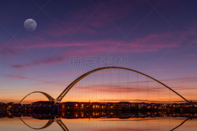 黄昏,桥,远距离,水,天空,水平画幅,夜晚,月亮,英格兰,曙暮光
