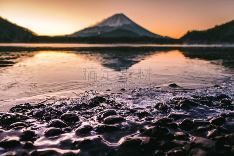 山,黎明,富士山,水,天空,留白,水平画幅,云,雪,无人