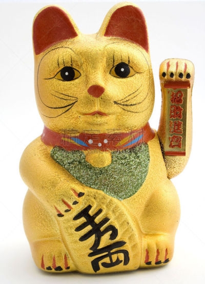 拿着,黄金,高举手臂,猫,雕像,左撇子,招财猫,招引手势,风水,护身符