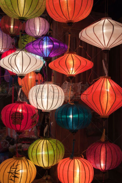纸灯笼,会安,垂直画幅,夜晚,古老的,灯,白色,彩色图片,悬挂的