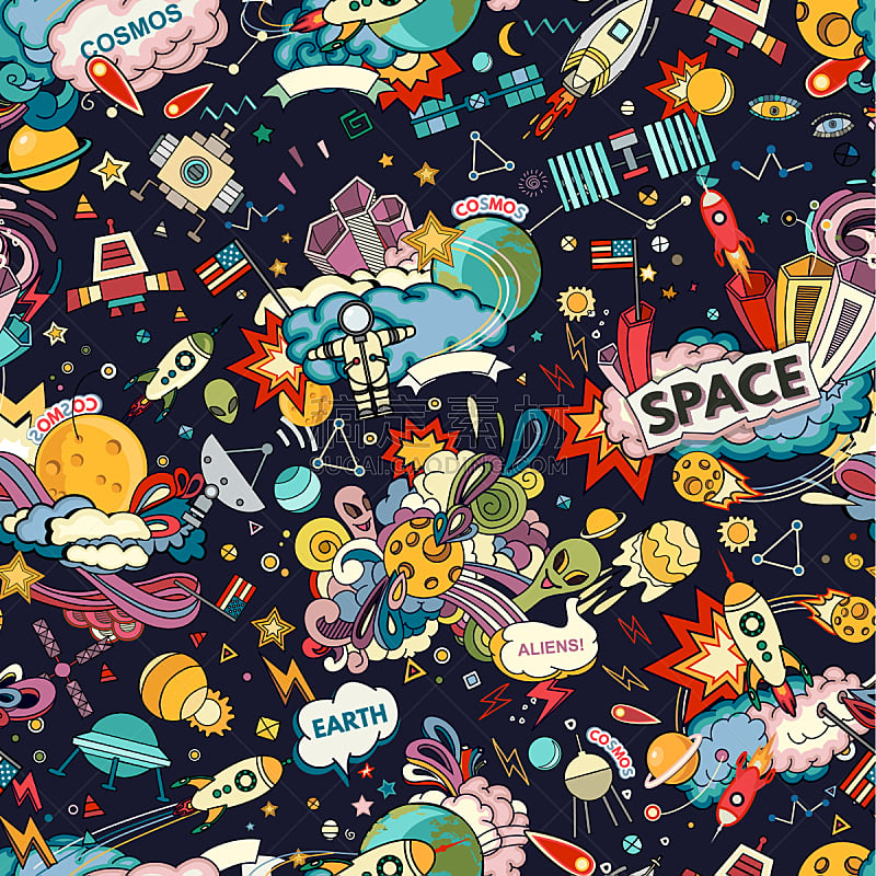 四方连续纹样,太空,可爱的,船,太空船,纺织品,技术,复古风格,杂色的,陨石