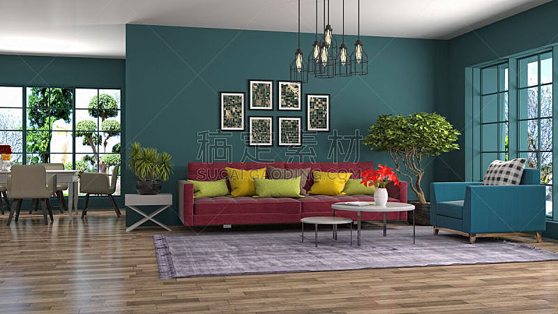起居室,室内,三维图形,绘画插图,空的,扶手椅,舒服,灰色,沙发,现代