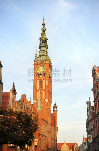 市政厅,格但斯克起重机门,格但斯克,垂直画幅,天空,无人,古老的,户外,灯,钟