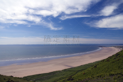 威尔士,高尔半岛,罗希力湾,水,天空,水平画幅,沙子,无人,草原,格拉摩根郡