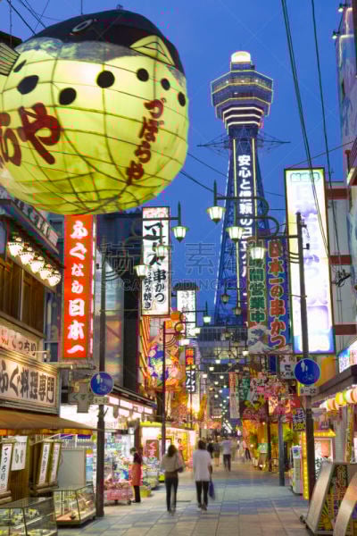 浪速,通天阁,大阪府,垂直画幅,无人,路,日本,当地著名景点,城市,市区