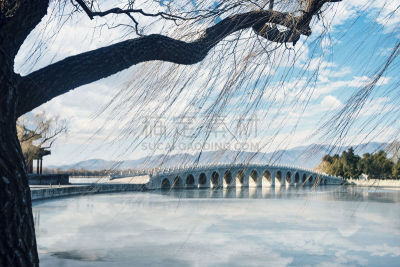 颐和园,桥,石头,天空,古代文明,公园,水平画幅,昆明湖,无人,古老的