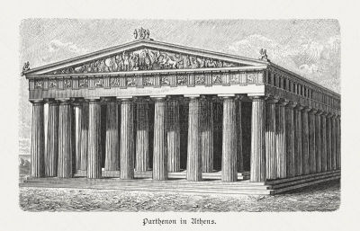 Parthenon in Athens, Greece, visual reconstruction, wood engraving, published 1897