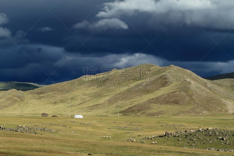 东欧大草原,鄂尔浑河谷,天空,暴风雨,柳树,水平画幅,山,无人,户外,云景