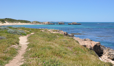 cape peron,小路,海湾,西澳大利亚,水,天空,水平画幅,沙子,岩层,石灰石