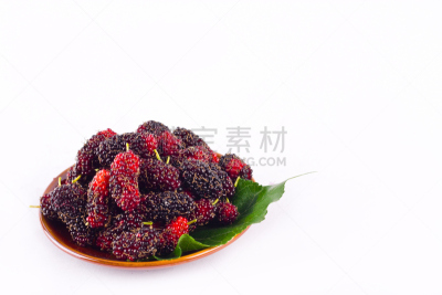 碗,浆果,熟的,桑叶,桑椹,食品,水果,白色背景,分离着色