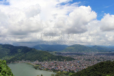 博卡拉,城镇,宝塔,费瓦湖,通勤者,看,正下方视角,接力赛,高崖跳伞,云