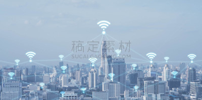 技术,蓝色,物联网,概念,无线技术,都市风景,线条,标志,想法,高大的