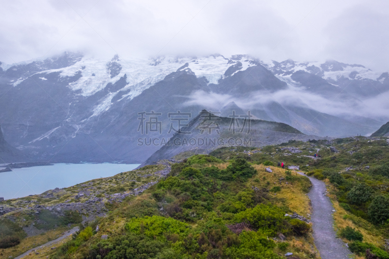 地形,新西兰,山谷,痕迹,水,新的,观测点,湖,草,胡克冰川