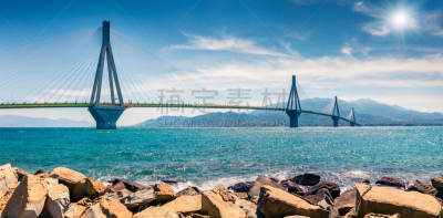 美,安蒂里奥大桥,希腊,科林斯湾,全景,欧洲,太阳,背景,多色的,摄影