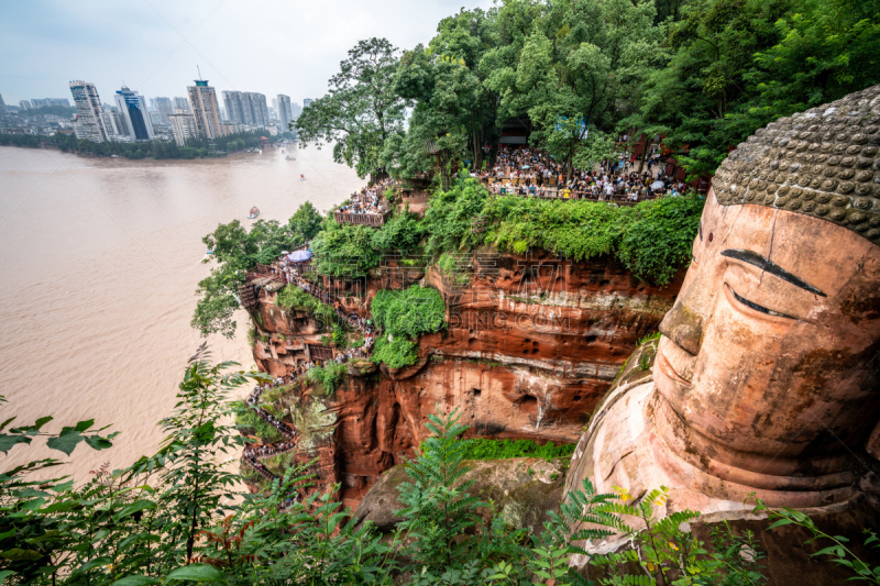 乐山,风景,四川省,顶部,广角,乐山大佛,沙岩,著名景点,河流